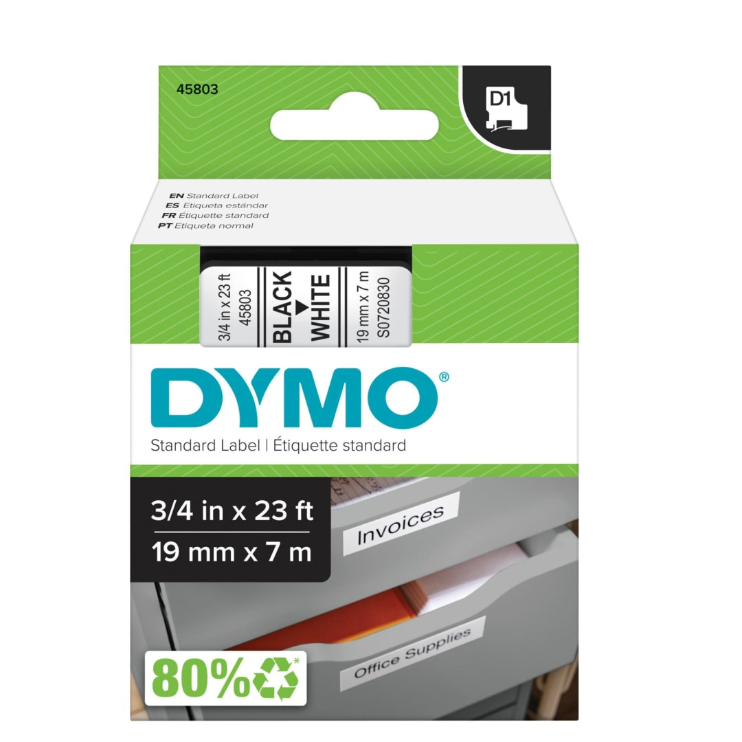 DYMO® Authentic Standard D1 Labeling Tape for LabelManager Label Makers, Black print on White tape, 3/4'' W x 23' L, 1 cartridge