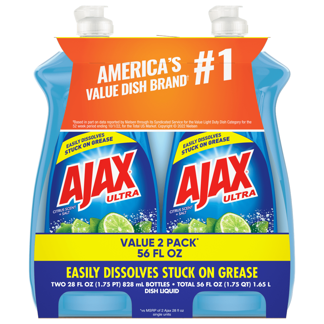 Ajax Ultra Liquid Dish Soap Citrus Scent and Salt, Cuts Grease and Stains, 28 oz Bottle, 2 Pack