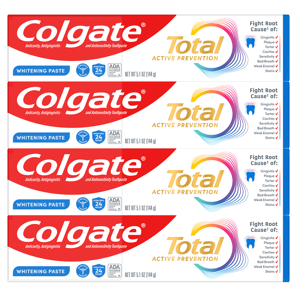 Colgate Total Active Prevention Whitening Toothpaste, Mint, 4 Pack, 5.1 oz