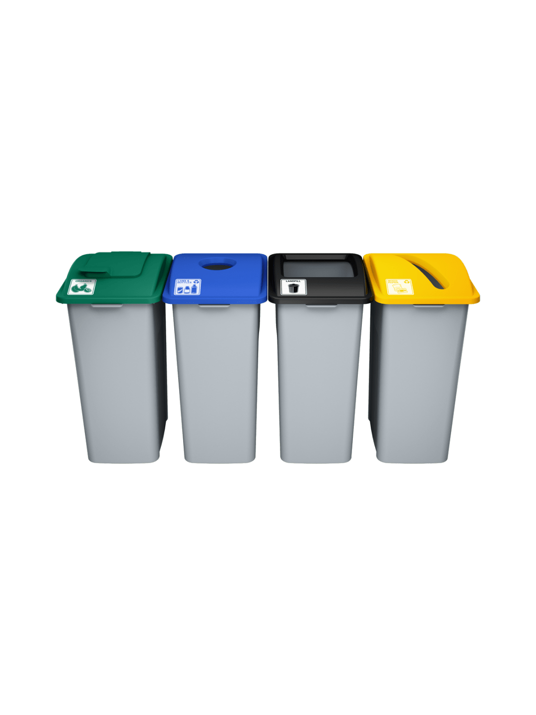  WASTE WATCHER - Quad - Kit - Xl - Organics-Cans &amp; Bottles-Landfill-Mixed Paper - Solid Lift-Circle-Full-Slot - Grey-Green-Blue-Black-Yellow