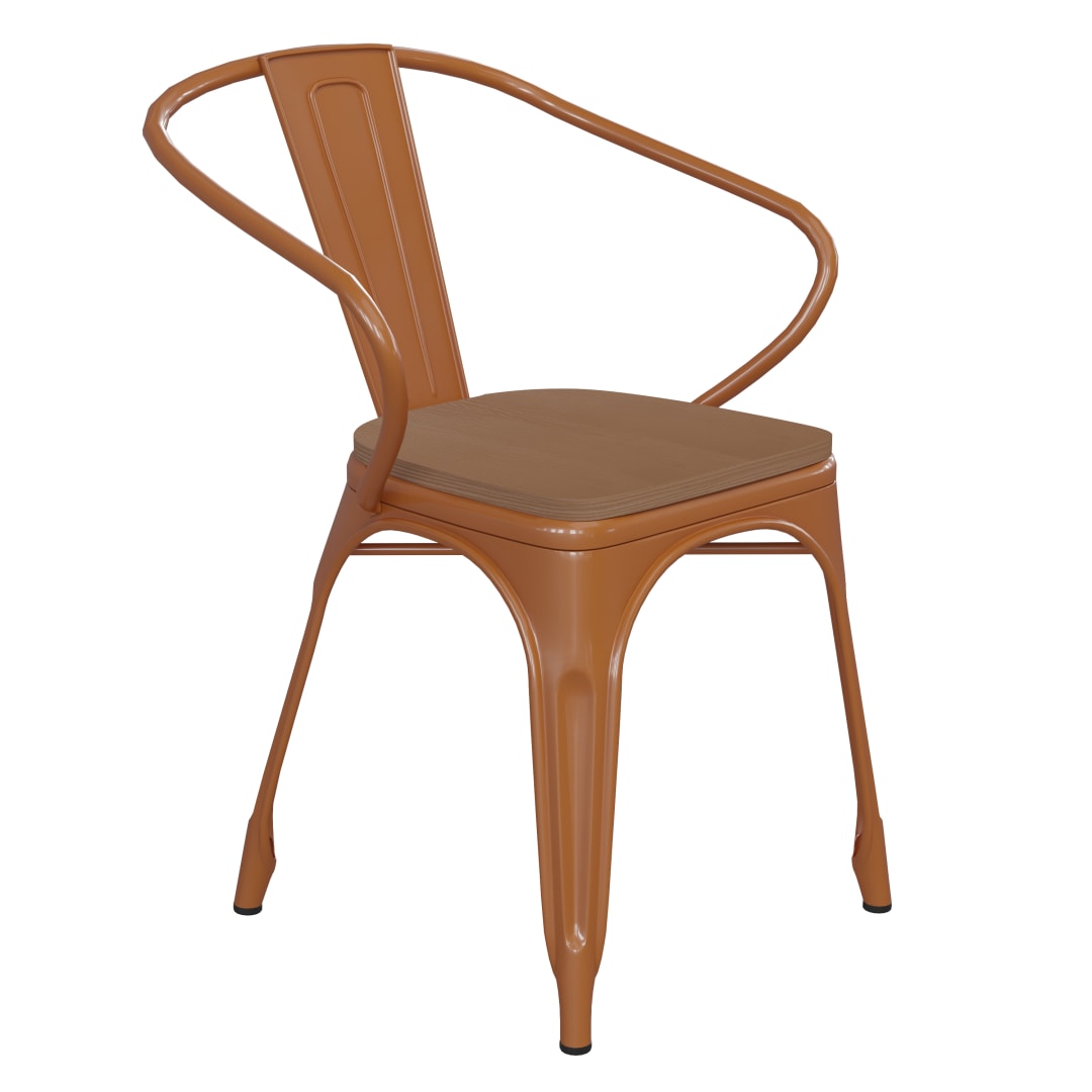 Luna Commercial Grade Orange Metal Indoor-Outdoor Chair with Arms with Teak Poly Resin Wood Seat