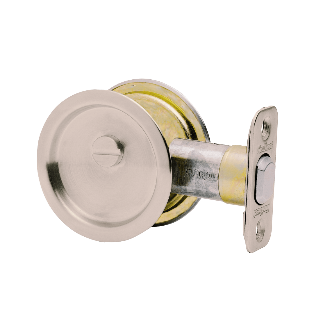335 Round Bed/Bath Pocket Door Lock in Satin Nickel