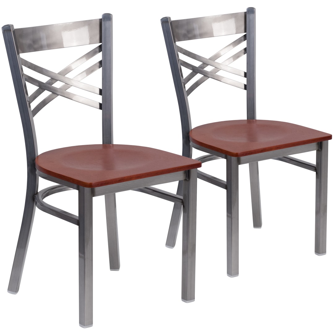 2 Pk. HERCULES Series Silver Antique Finish with Clear Coat ''X'' Back Metal Restaurant Chair - Cherry Wood Seat