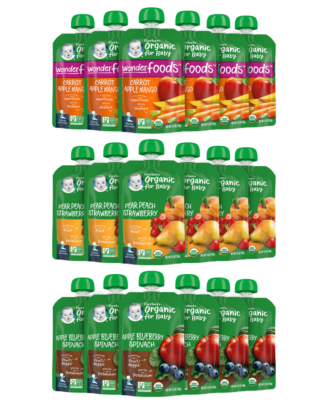Gerber Stage 2 Baby Food, Organic Apple Blueberry Spinach, Pear Peach Strawberry, and Carrot Apple Mango Puree Pouches, 18-Pack