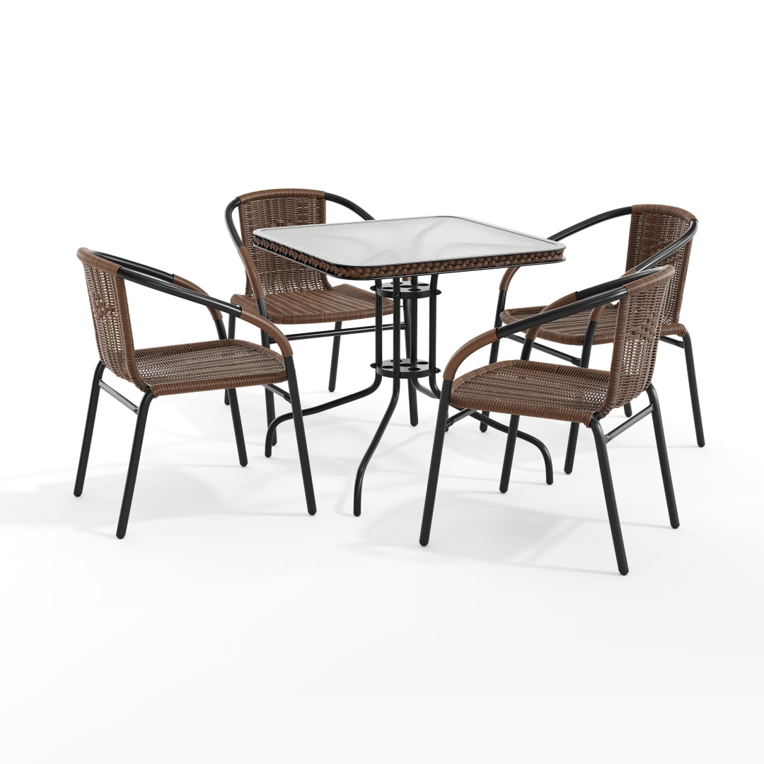 Lila 28'' Square Glass Metal Table with Dark Brown Rattan Edging and 4 Dark Brown Rattan Stack Chairs