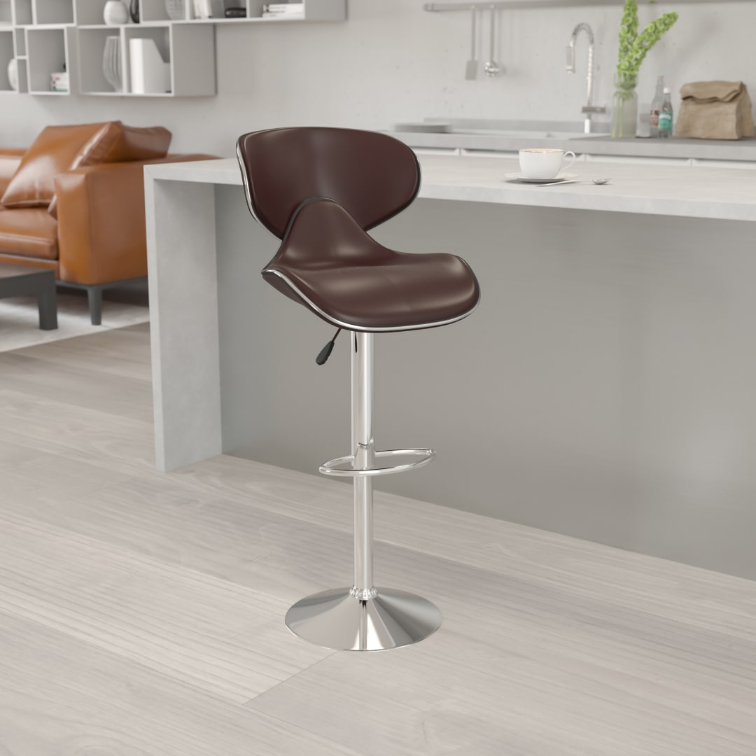 Devin Contemporary Cozy Mid-Back Brown Vinyl Adjustable Height Barstool with Chrome Base