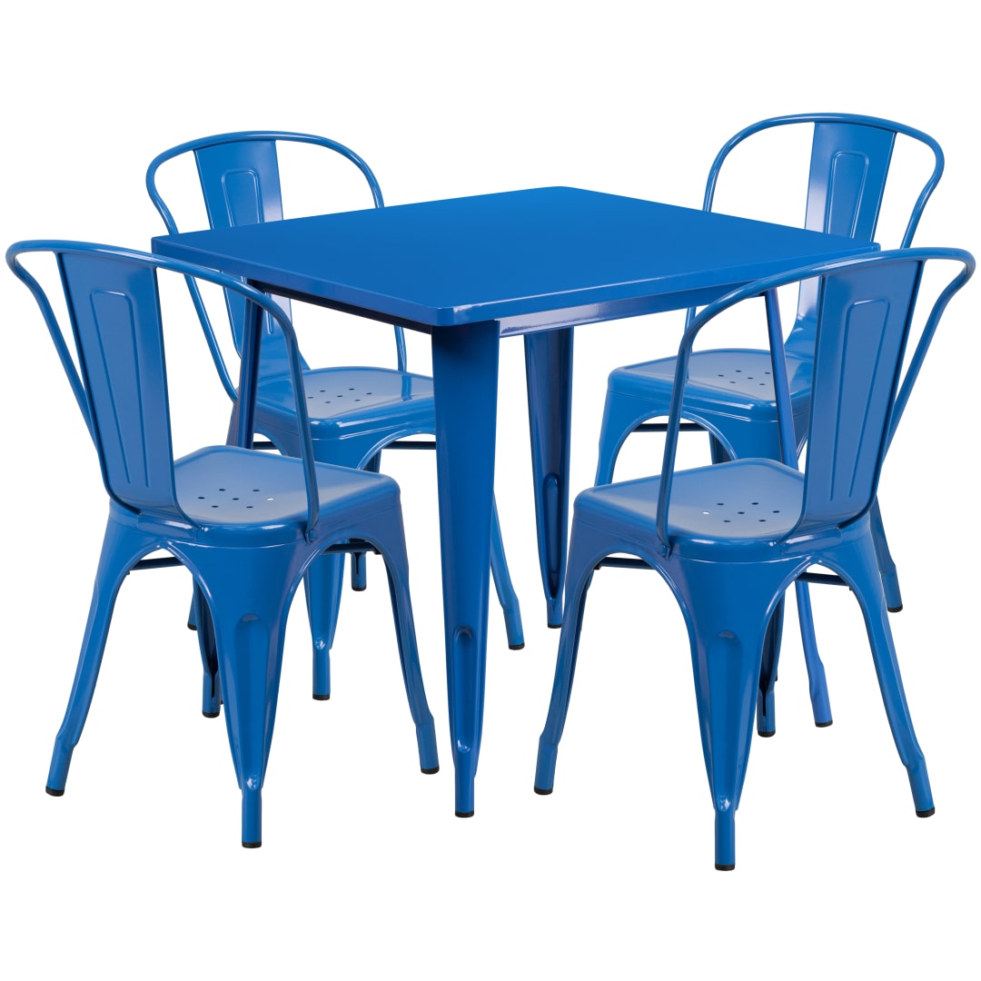 Foster Commercial Grade 31.5" Square Blue Metal Indoor-Outdoor Table Set with 4 Stack Chairs