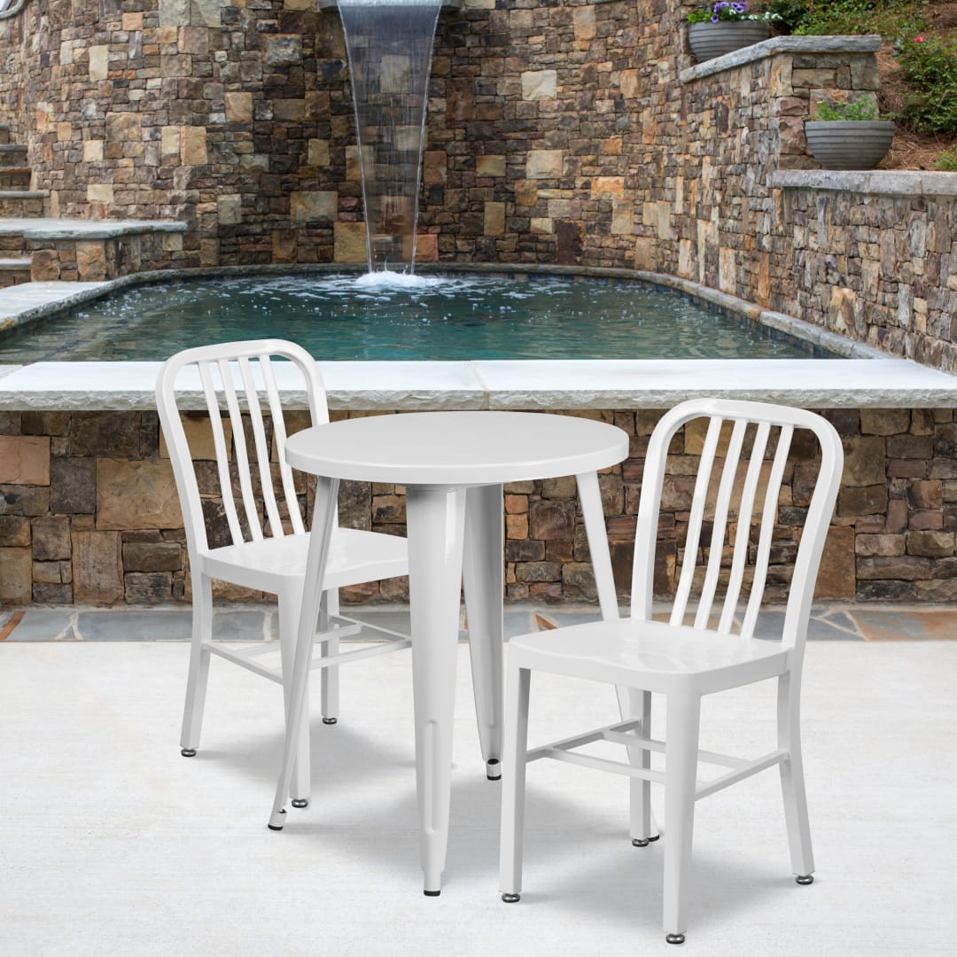 Napoleon Commercial Grade 24" Round White Metal Indoor-Outdoor Table Set with 2 Vertical Slat Back Chairs