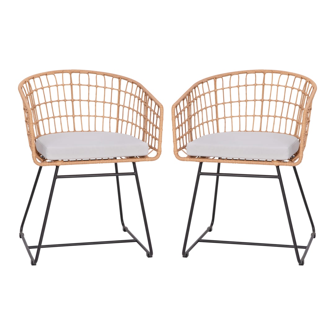 Devon Set of 2 Indoor/Outdoor Patio Boho Club Chairs, Rope with Natural PE Wicker Rattan, Light Gray Cushions and Sled Base