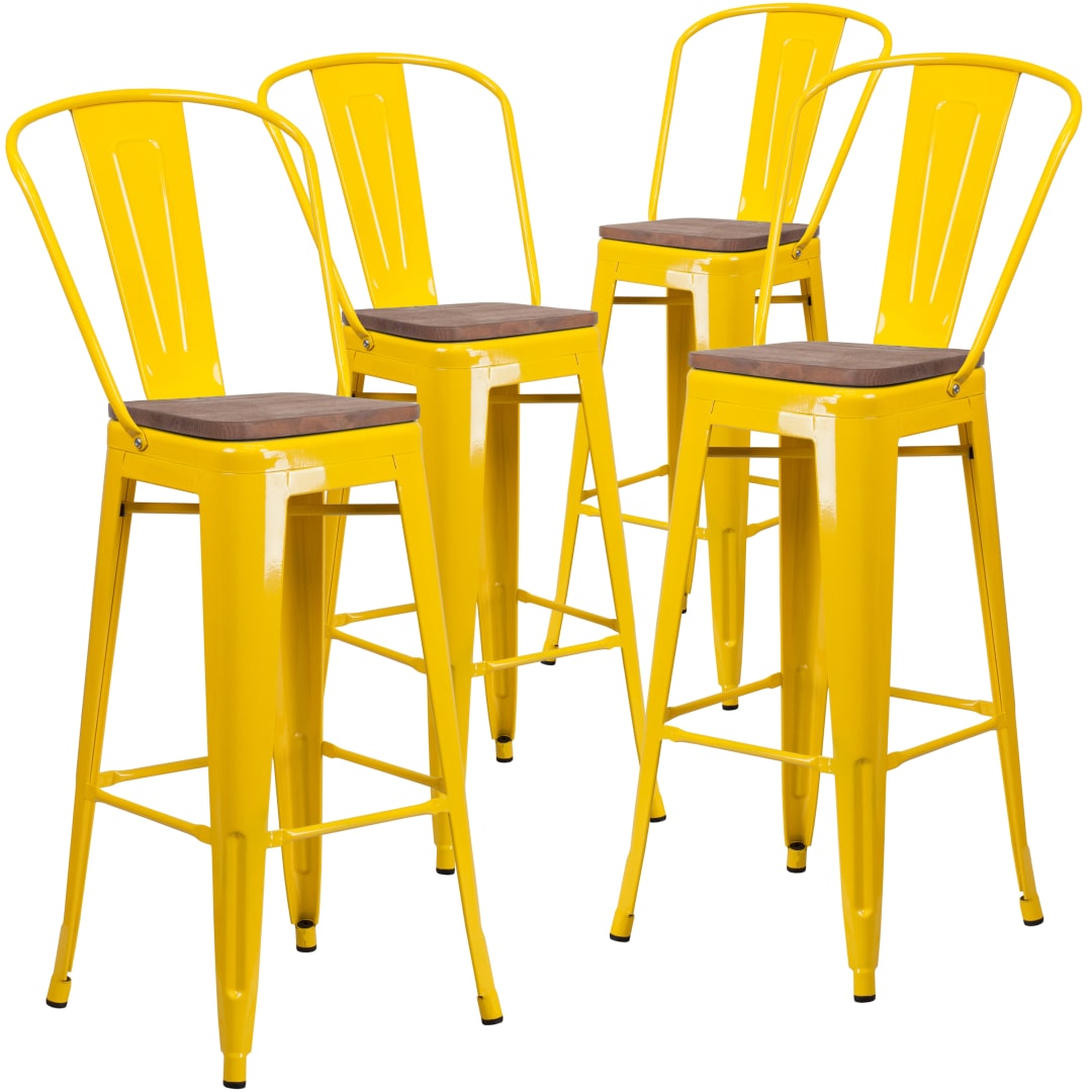 Lily 4 Pk. 30" High Yellow Metal Barstool with Back and Wood Seat