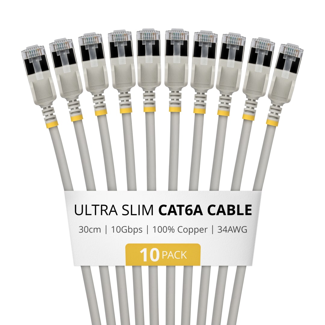 Cat6A STP 34AWG Ultra Slim Patch Cable, Grey 30cm - 10 Pack