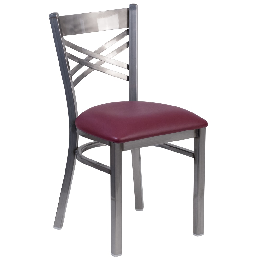 HERCULES Series Silver Antique Finish with Clear Coat ''X'' Back Metal Restaurant Chair - Burgundy Vinyl Seat