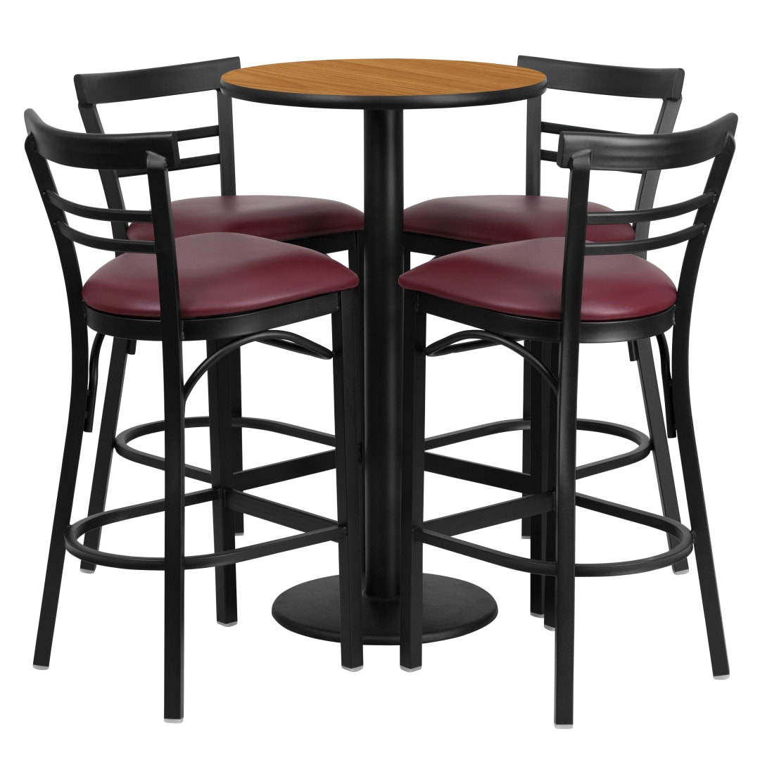 Jamie 24'' Round Natural Laminate Table Set with Round Base and 4 Two-Slat Ladder Back Metal Barstools - Burgundy Vinyl Seat