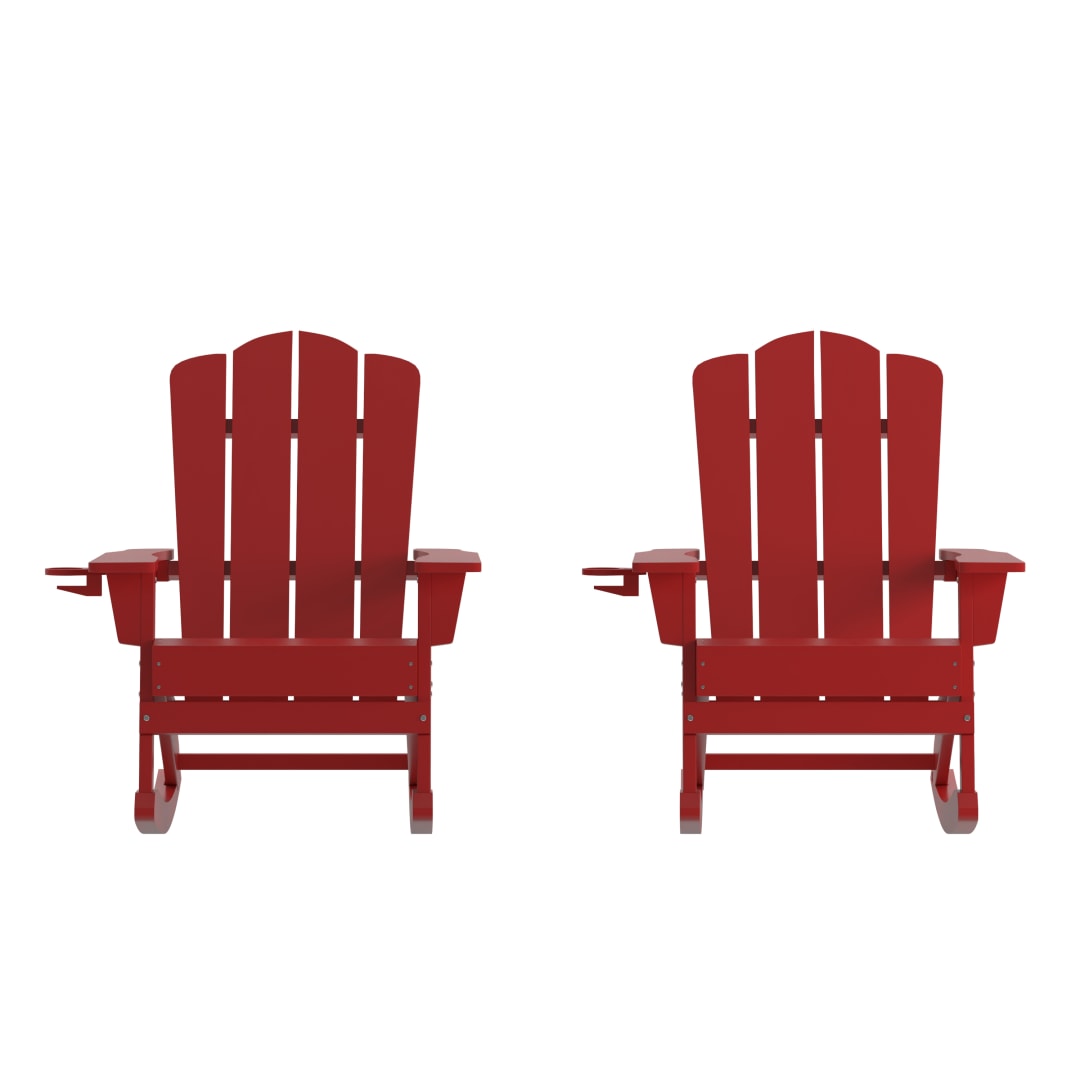 Newport Adirondack Rocking Chair with Cup Holder, Weather Resistant HDPE Adirondack Rocking Chair in Red, Set of 2