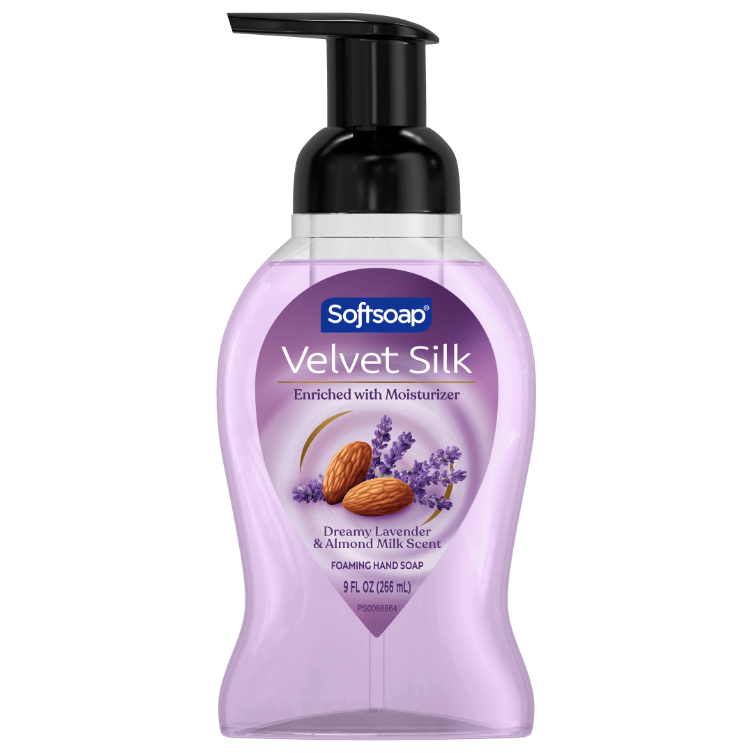 Softsoap Velvet Silk Foaming Liquid Hand Soap, Bathroom and Kitchen Hand Soap, Paraben-Free, Washes Away Bacteria, #1 Liquid Hand Soap Brand, Dreamy Lavender & Almond Milk Scent, 9 fl oz