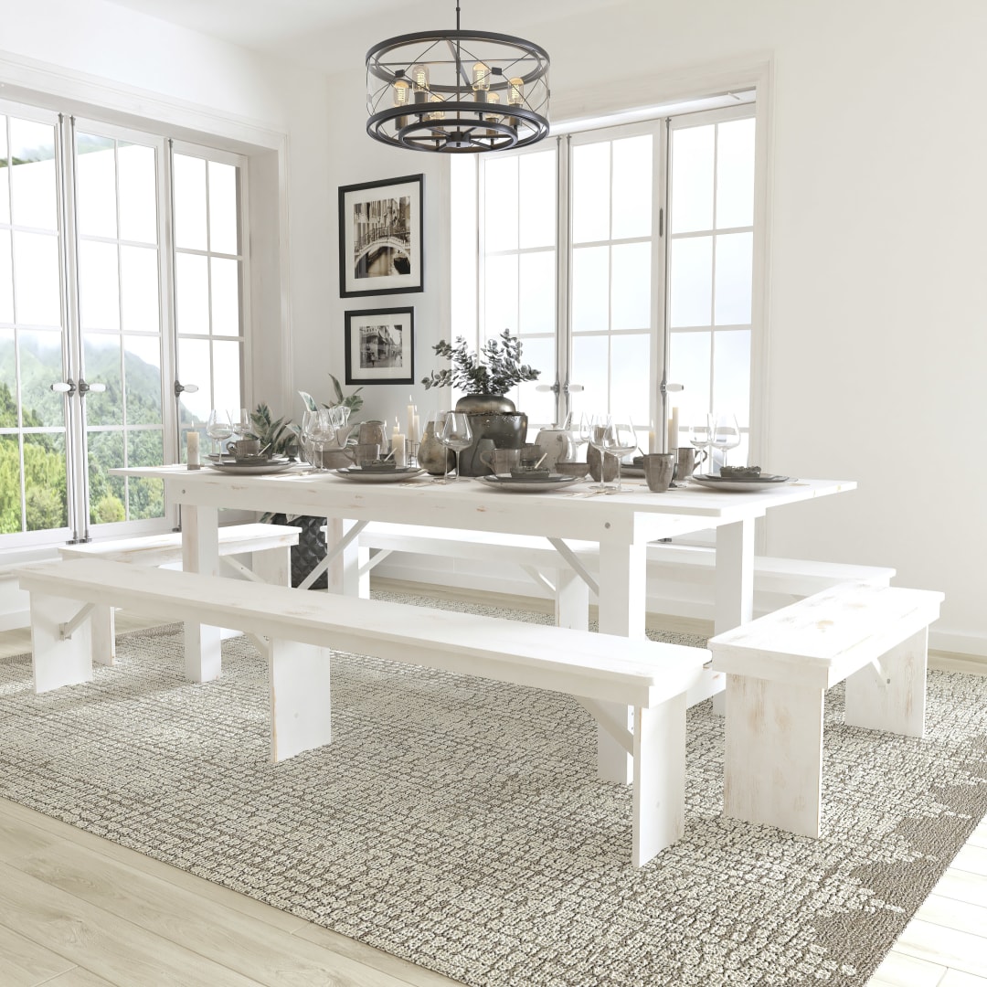 HERCULES Series 8' x 40" Antique Rustic White Folding Farm Table and Four Bench Set