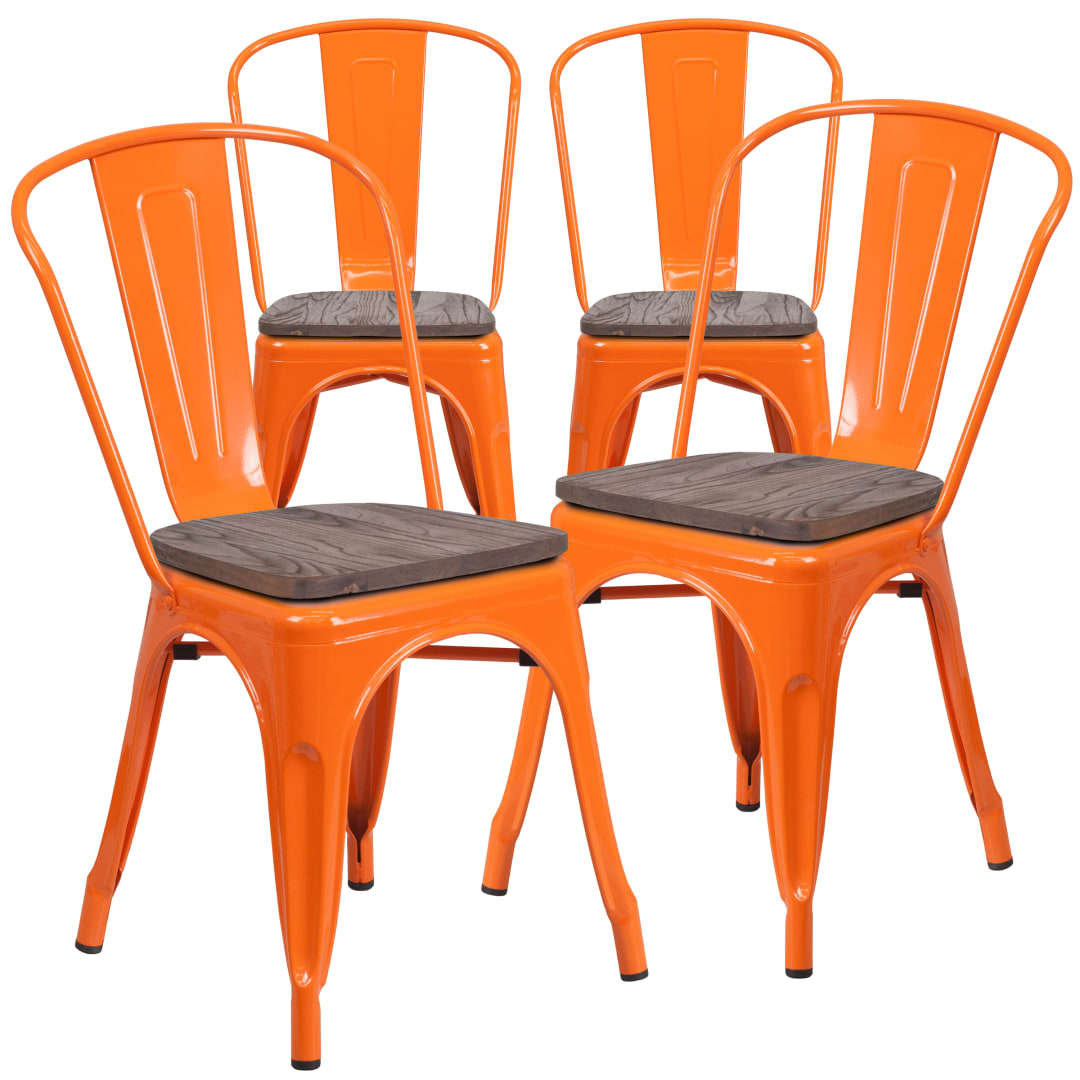 Luke 4 Pk. Orange Metal Stackable Chair with Wood Seat