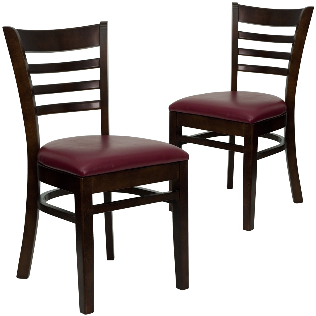 2 Pk. HERCULES Series Ladder Back Walnut Wood Restaurant Chair - Burgundy Vinyl Seat