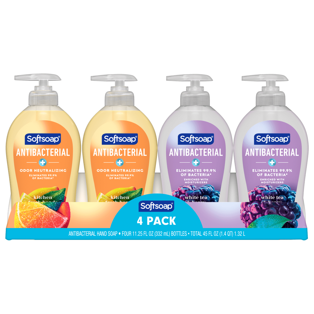 Softsoap Antibacterial Liquid Hand Soap, White Tea and Berry Scent and Kitchen Fresh Hands Scent, 11.25 oz Bottle, 4 Pack