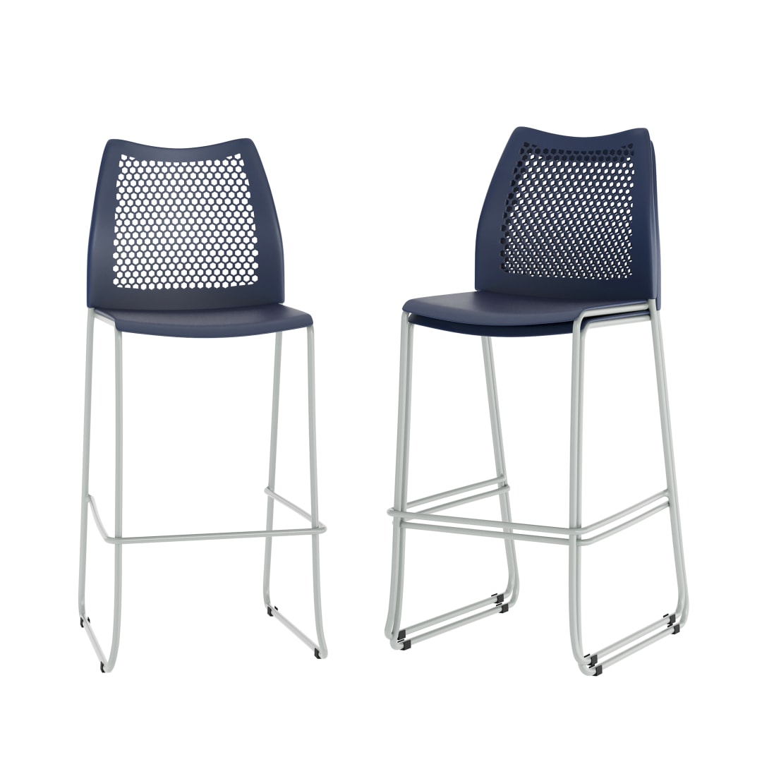 3 Pack HERCULES Series Navy Stack Bar Stool with Air-Vent Back and Gray Powder Coated Sled Base