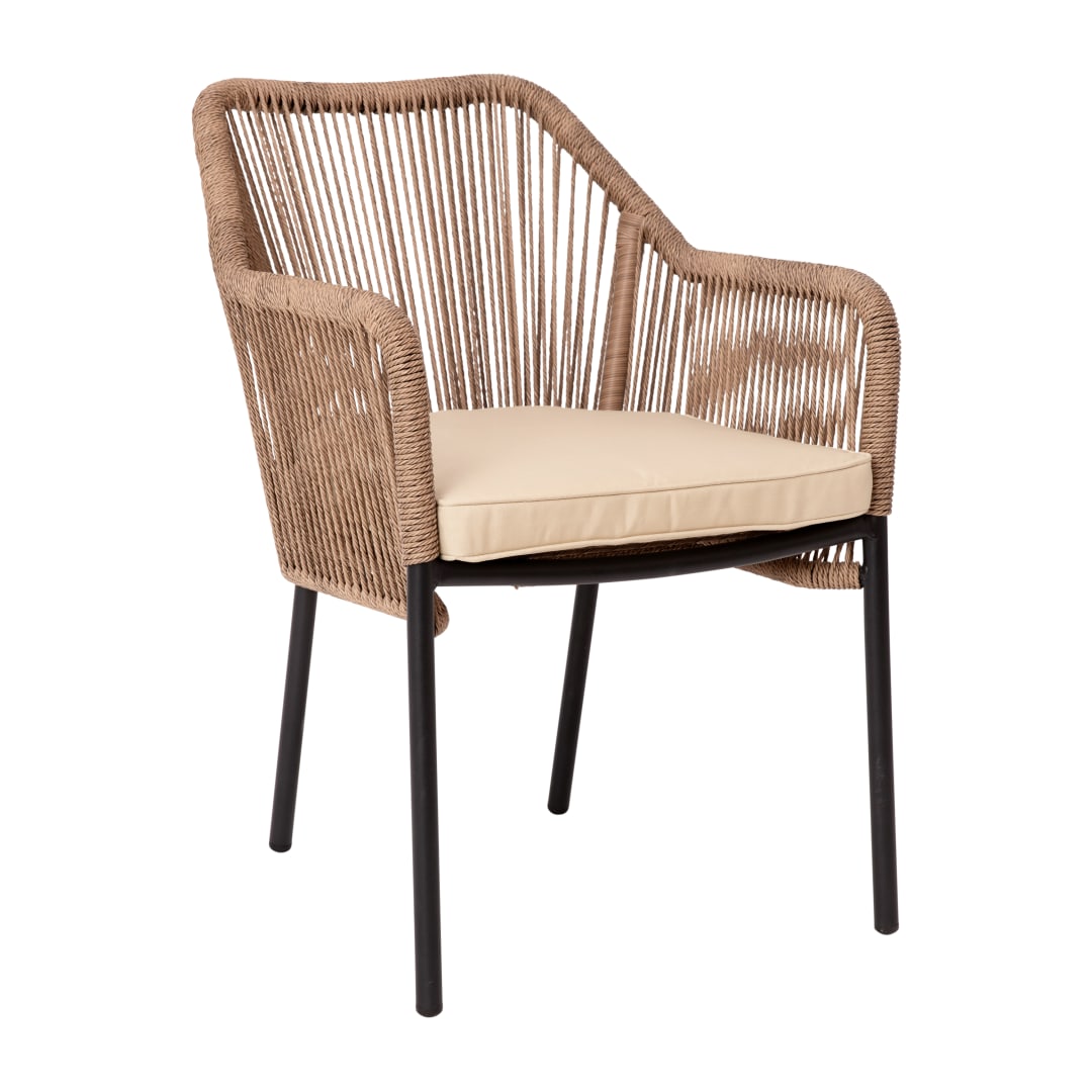 Kallie All-Weather Natural Woven Stacking Club Chair with Rounded Arms & Ivory Zippered Seat Cushions