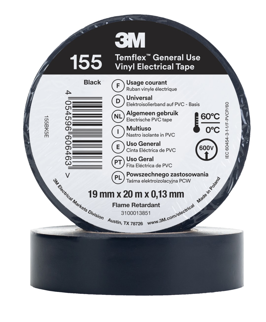 3M™ Temflex™ Vinyl Electrical Tape 155, Black, 19 mm x 20 m, 100 Rolls/Case