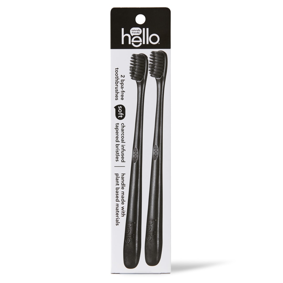 hello Soft Bristle Adult Charcoal Toothbrush, Black, 2 Pack