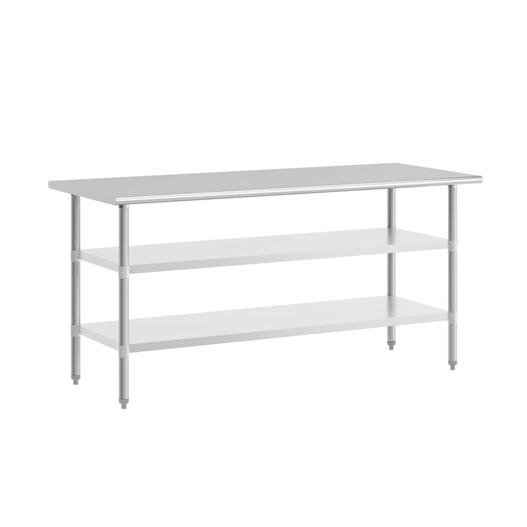 Ravenel Stainless Steel 18 Gauge Work Table with 2 Undershelves - 72"W x 30"D x 34.5"H, NSF