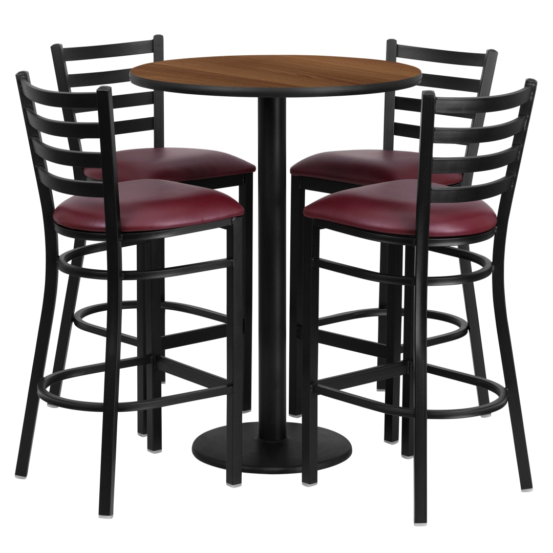 Jamie 30'' Round Walnut Laminate Table Set with Round Base and 4 Ladder Back Metal Barstools - Burgundy Vinyl Seat