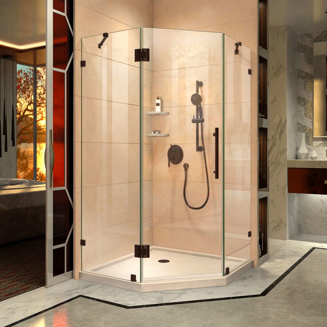 DreamLine Prism Lux 42 inch D x 42 inch W x 74 3/4 inch H Frameless Neo-Angle Hinged Shower Enclosure in Oil Rubbed Bronze with Biscuit Shower Base Kit