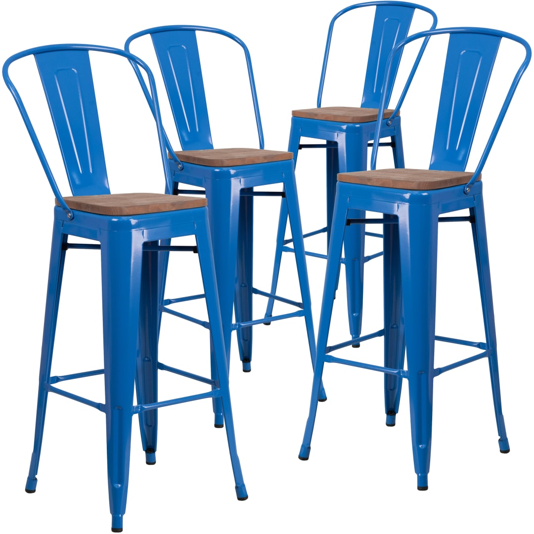 Lily 4 Pk. 30" High Blue Metal Barstool with Back and Wood Seat