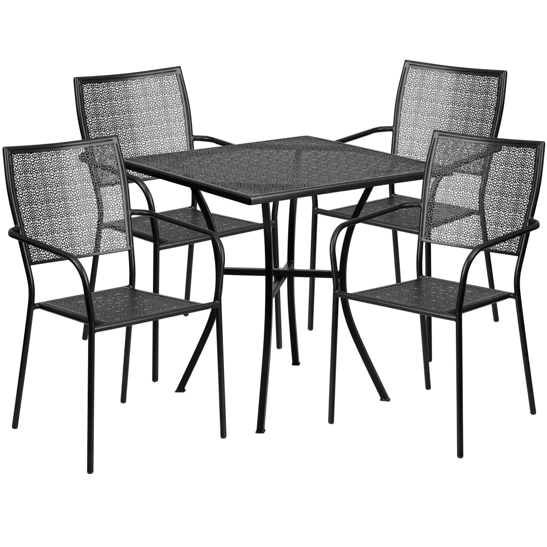 Oia Commercial Grade 28" Square Black Indoor-Outdoor Steel Patio Table Set with 4 Square Back Chairs