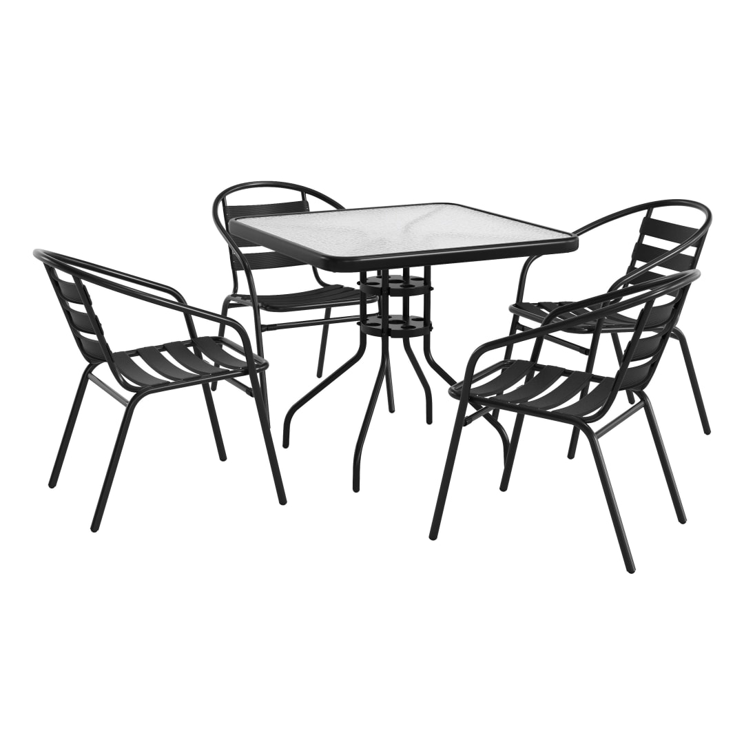 Lila 31.5'' Square Glass Metal Table with 4 Black Metal Aluminum Slat Stack Chairs