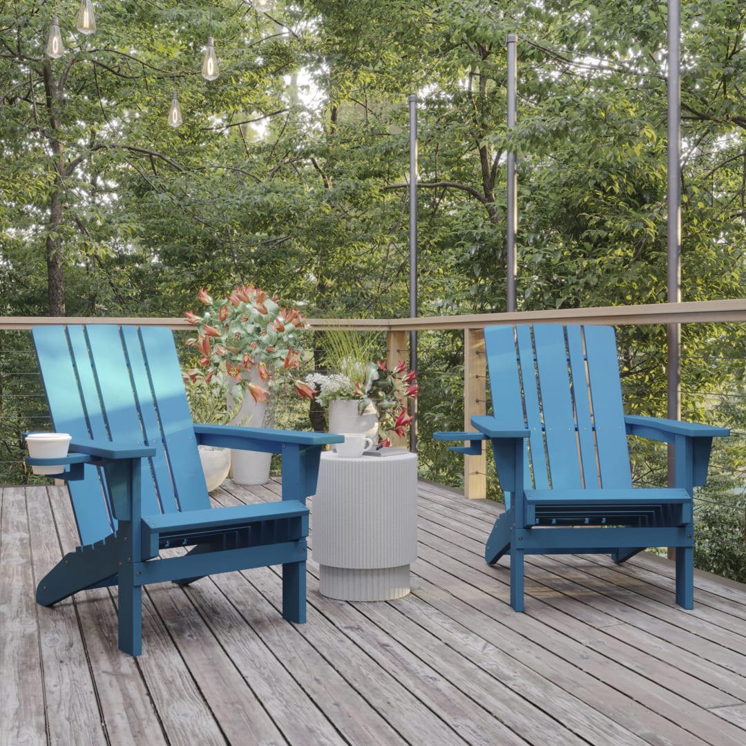 Halifax Adirondack Chair with Cup Holder, Weather Resistant HDPE Adirondack Chair in Blue, Set of 2