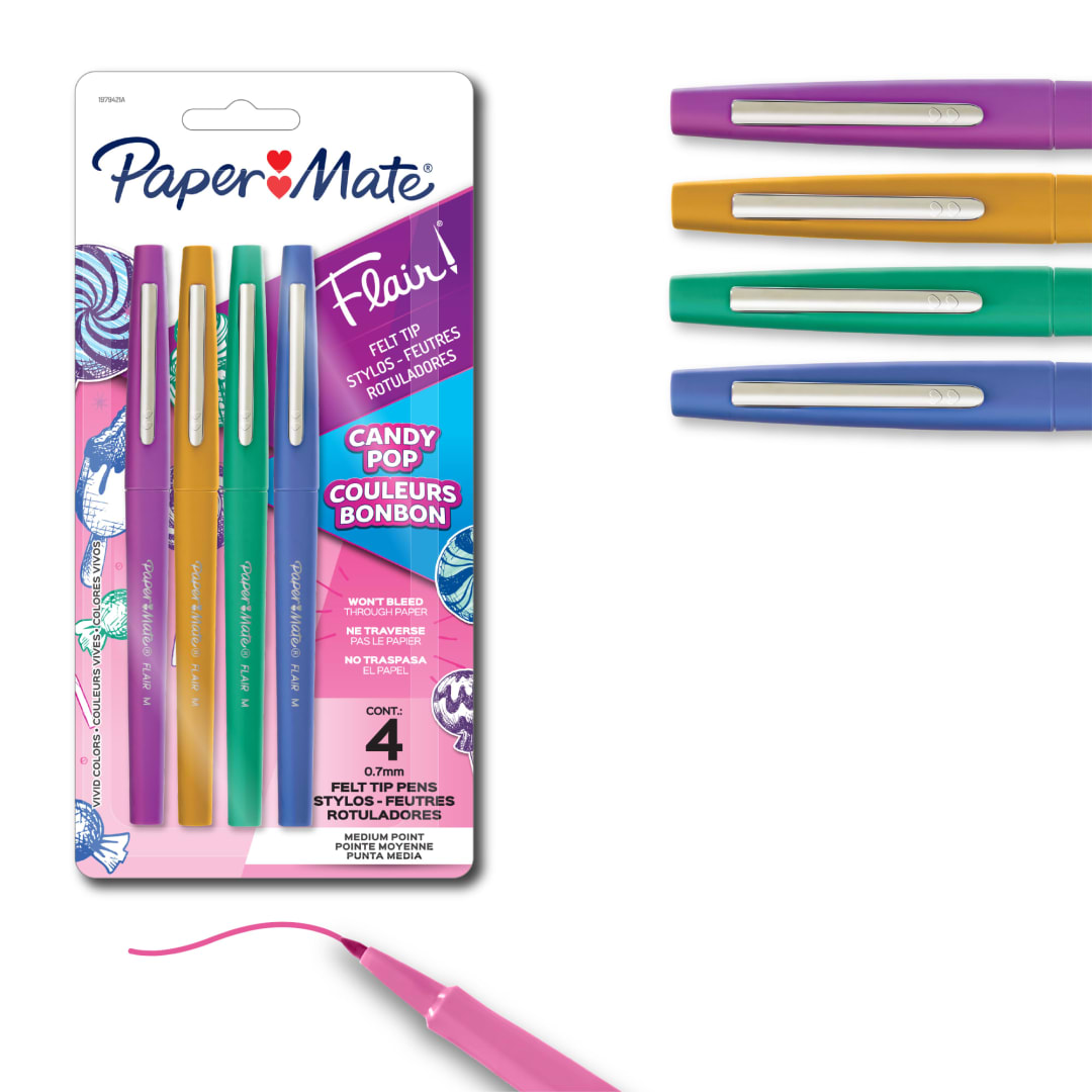 Paper Mate Flair Felt Tip Pens, Medium Point (0.7mm), Limited Edition Candy Pop Pack, 4 Count