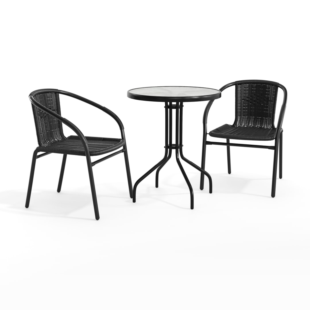 Lila 23.75'' Round Glass Metal Table with 2 Black Rattan Stack Chairs