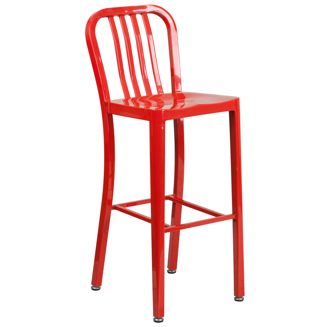 Gael Commercial Grade 30" High Red Metal Indoor-Outdoor Barstool with Vertical Slat Back