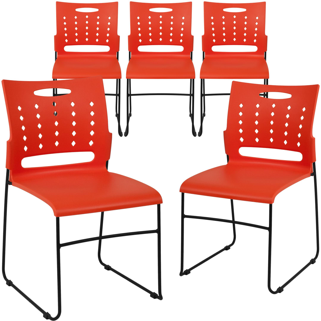 5 Pack HERCULES Series 881 lb. Capacity Orange Sled Base Stack Chair with Air-Vent Back