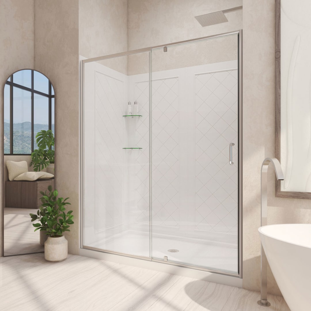 DreamLine Flex 36 inch D x 60 inch W x 76 3/4 inch H Semi-Frameless Pivot Shower Door in Brushed Nickel, Center Drain Shower Base, and Wall Kit in White