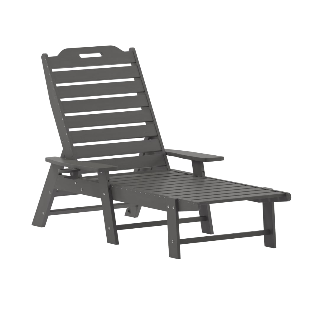 Monterey Set of 2 Adjustable Adirondack Loungers with Cup Holders- All-Weather Indoor/Outdoor HDPE Lounge Chairs in Gray