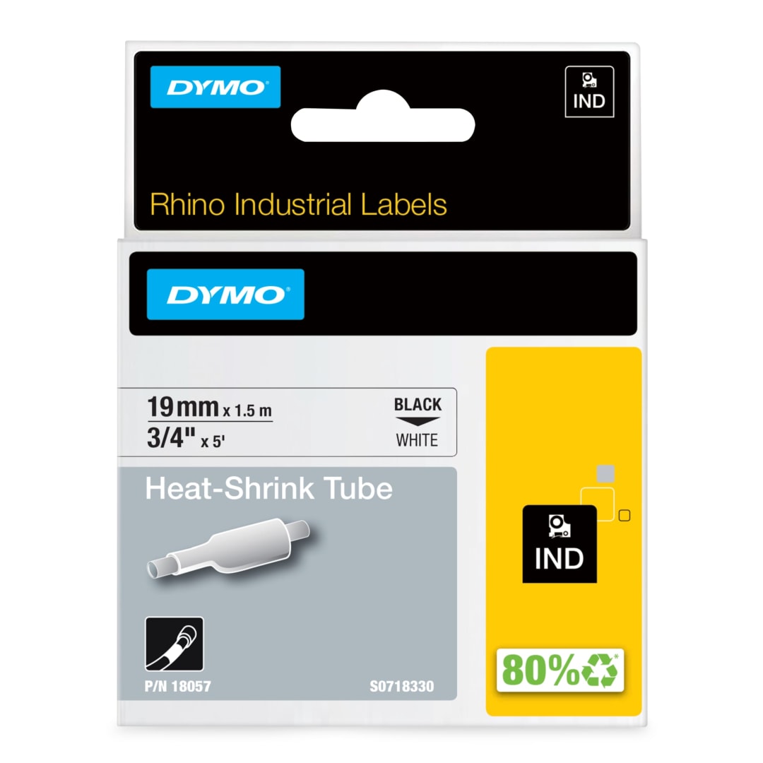 DYMO® Rhino Industrial Heat-Shrink Labels, 3/4" Tube, Black Print on White