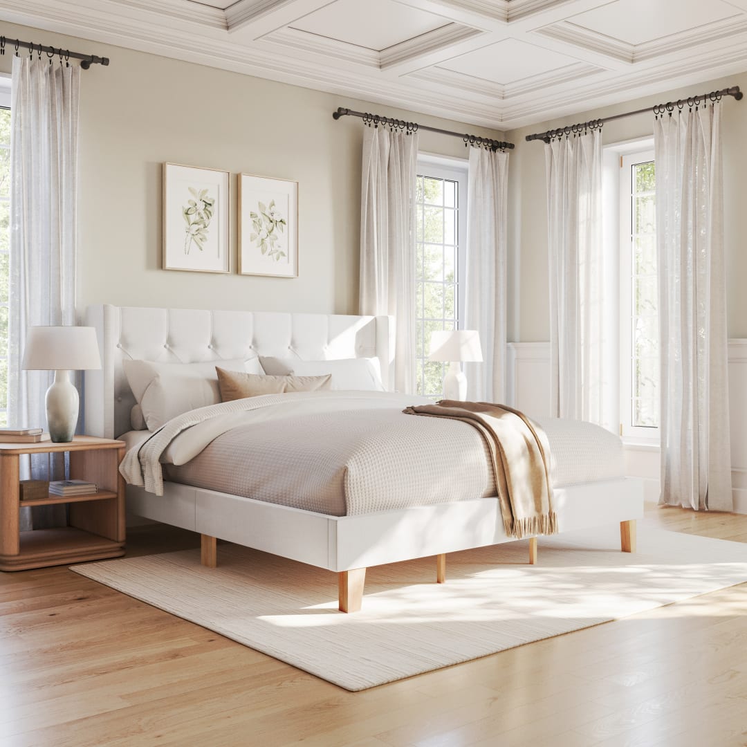 Carmy King Upholstered Platform Bed with Tufted Wingback Headboard and Cushioned Siderails, Wood Slat Foundation, No Box Spring Needed, White