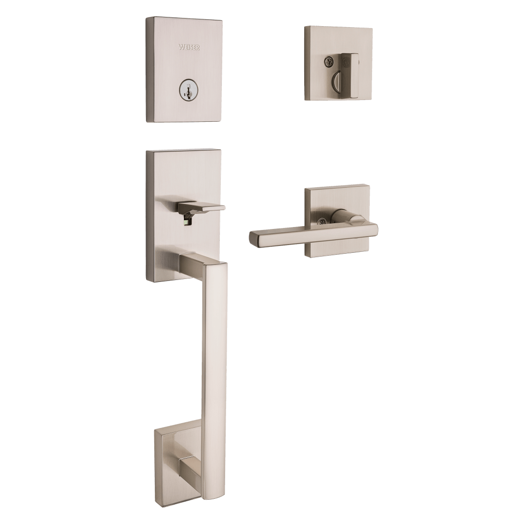 San Clemente Single Cylinder Handleset w/ Halifax Lever featuring SmartKey Security™ in Satin Nickel