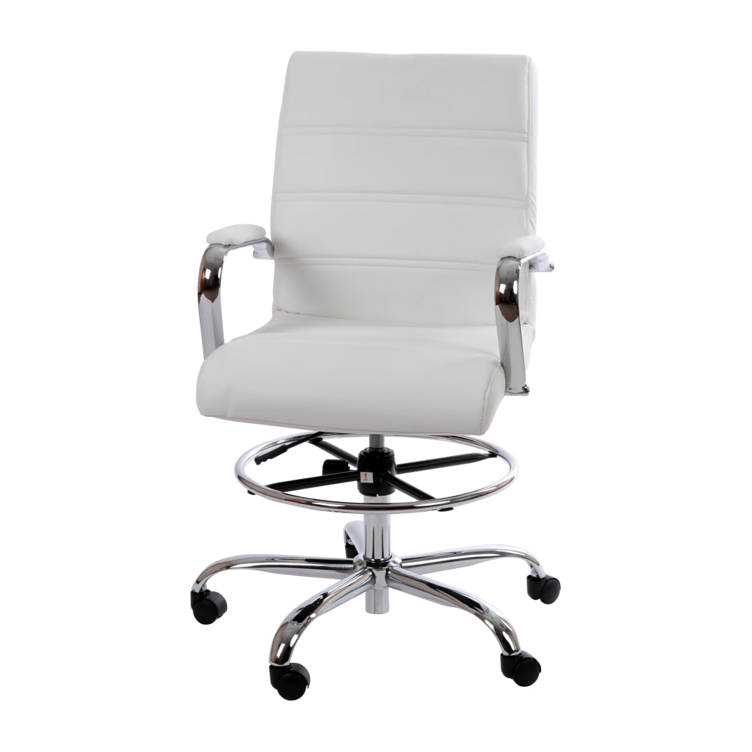 Whitney Mid-Back White LeatherSoft Drafting Chair with Adjustable Foot Ring and Chrome Base