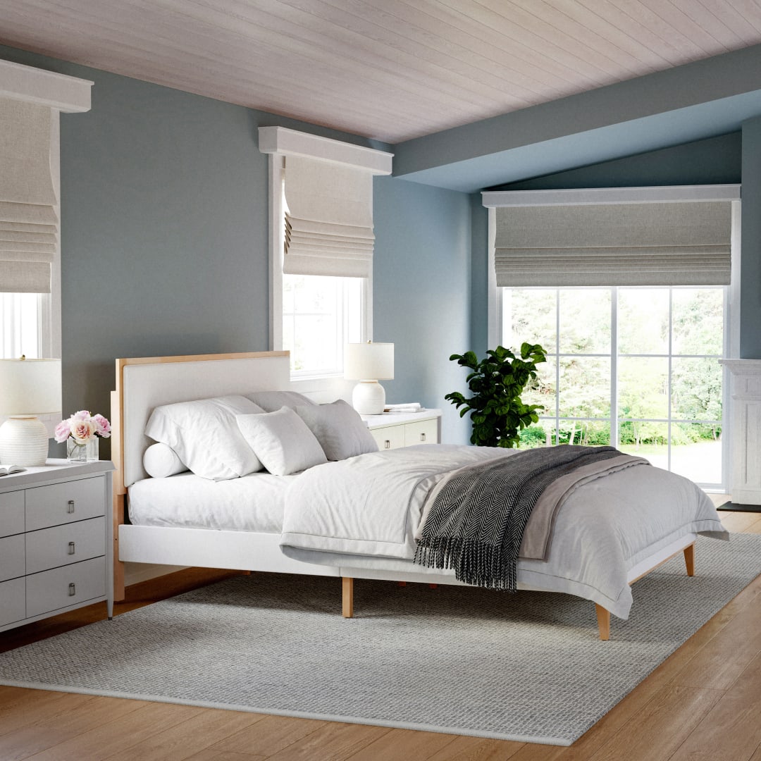 Flynn Queen Size Solid Wood Platform Bed with Upholstered Base and Inset Headboard, Wood Slat Bottom, No Box Spring Needed, Light Beech/Snow