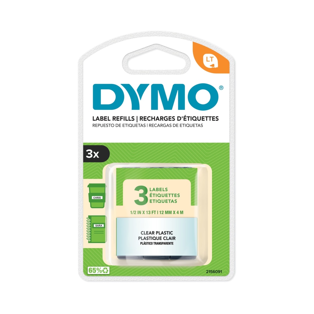 DYMO LT Labeling Tape for LetraTag Label Makers, Black Print on Clear Labels, 1/2-Inch x 13-Foot Rolls, 3 Count