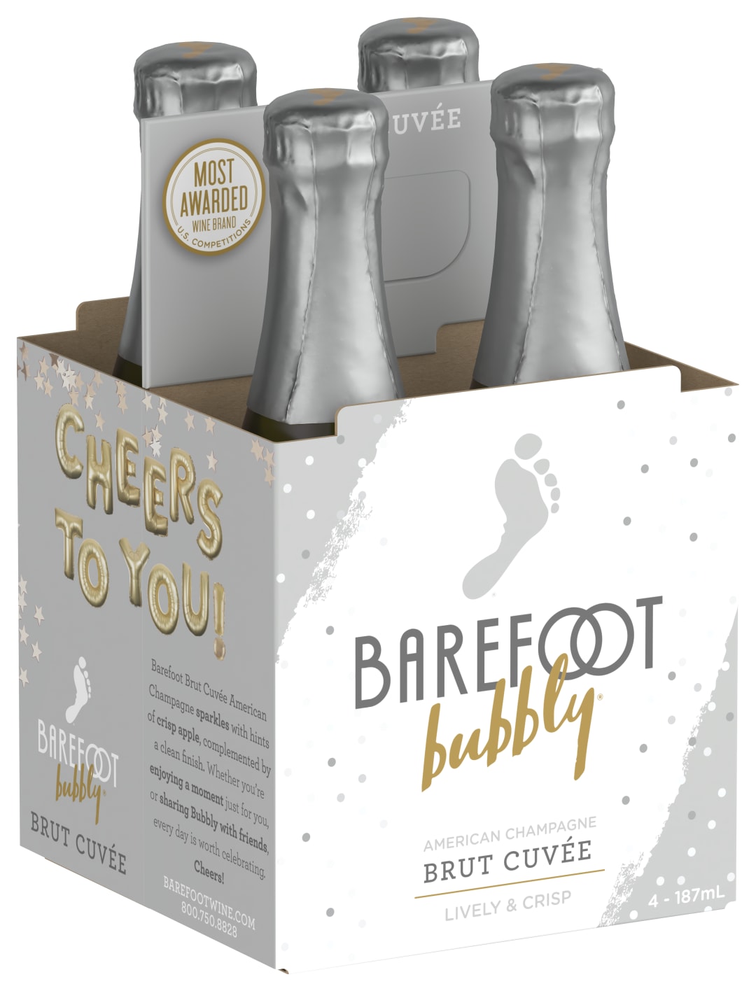Barefoot Bubbly Brut Cuvee Calfornia Champagne Sparkling Wine 4 Single Serve 187ml Bottles