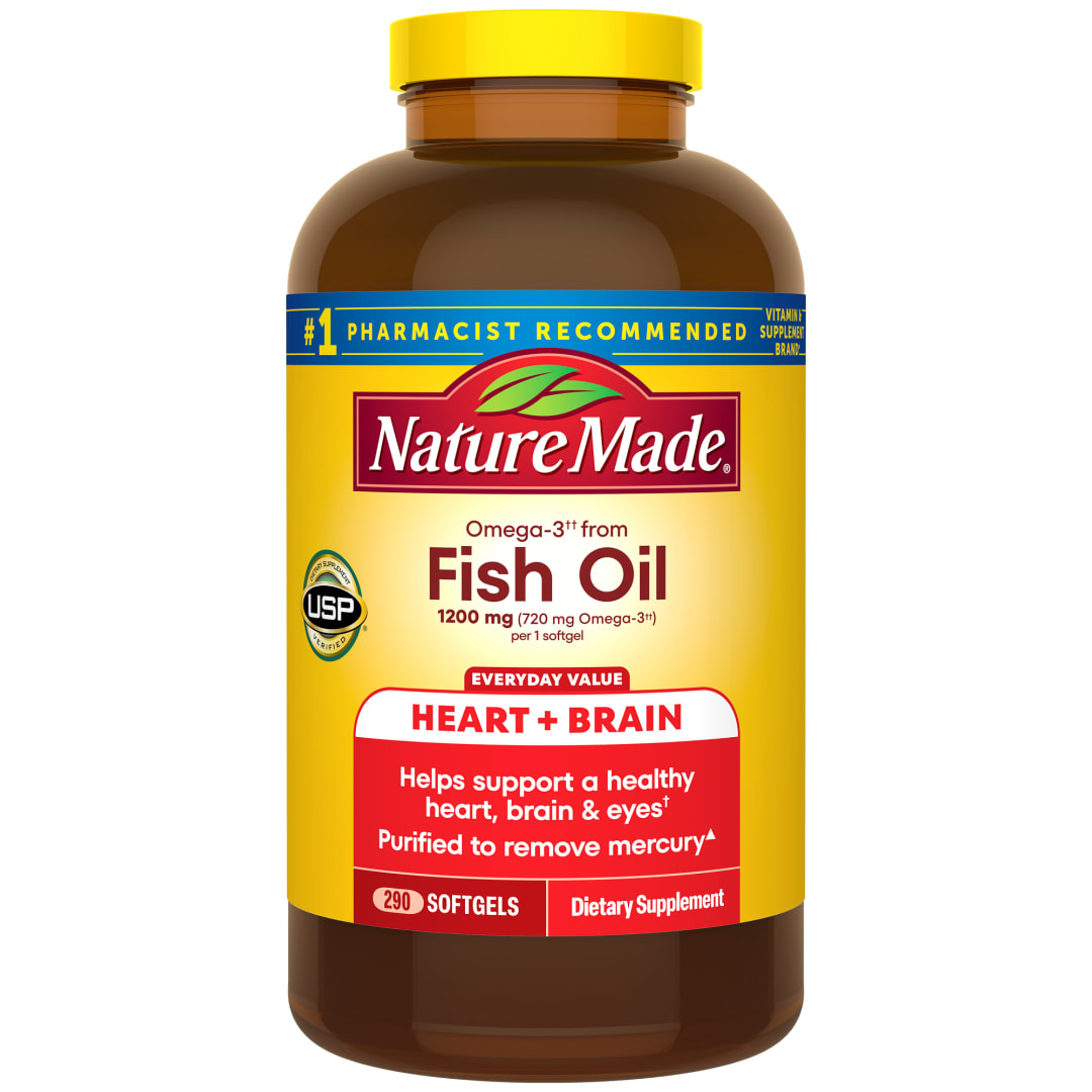 Nature Made Omega 3 Fish Oil 1200 mg, Fish Oil Supplements as Ethyl Esters, Omega 3 Fish Oil for Healthy Heart, Brain and Eyes Support, One Per Day, Omega 3 Supplement with 290 Softgels