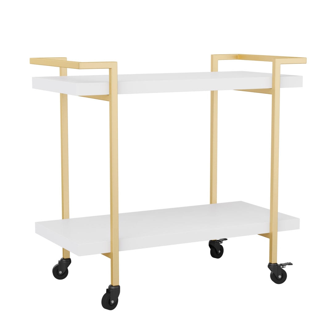 Liam 2-Tier White Mobile Office Storage and Printer Cart with Polished Brass Frame