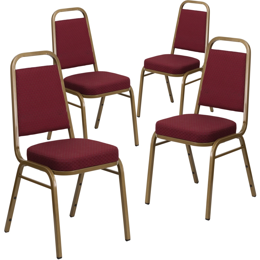 4 Pack HERCULES Series Trapezoidal Back Stacking Banquet Chair in Burgundy Patterned Fabric - Gold Frame